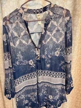 PerSeption Concept Blue Paisley Floral Mixed Print Sheer Boho Tunic L